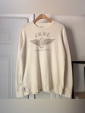JOHNSON MOTORS vintage off white cream thermal waffle spell out logo‎ crew neck